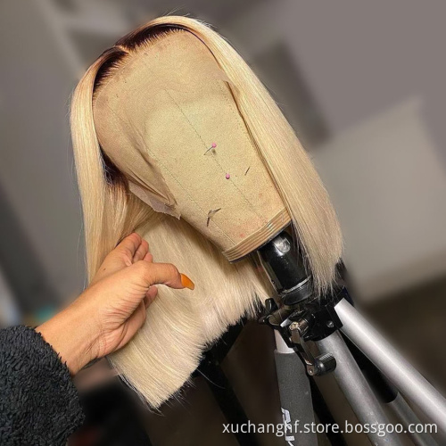 HD 613 Transparent Blonde Human Hair Full Lace Wig, Ombre Bob Half Lace Front Wig Human Hair, Blonde 613 Hd Lace Frontal Bob Wig